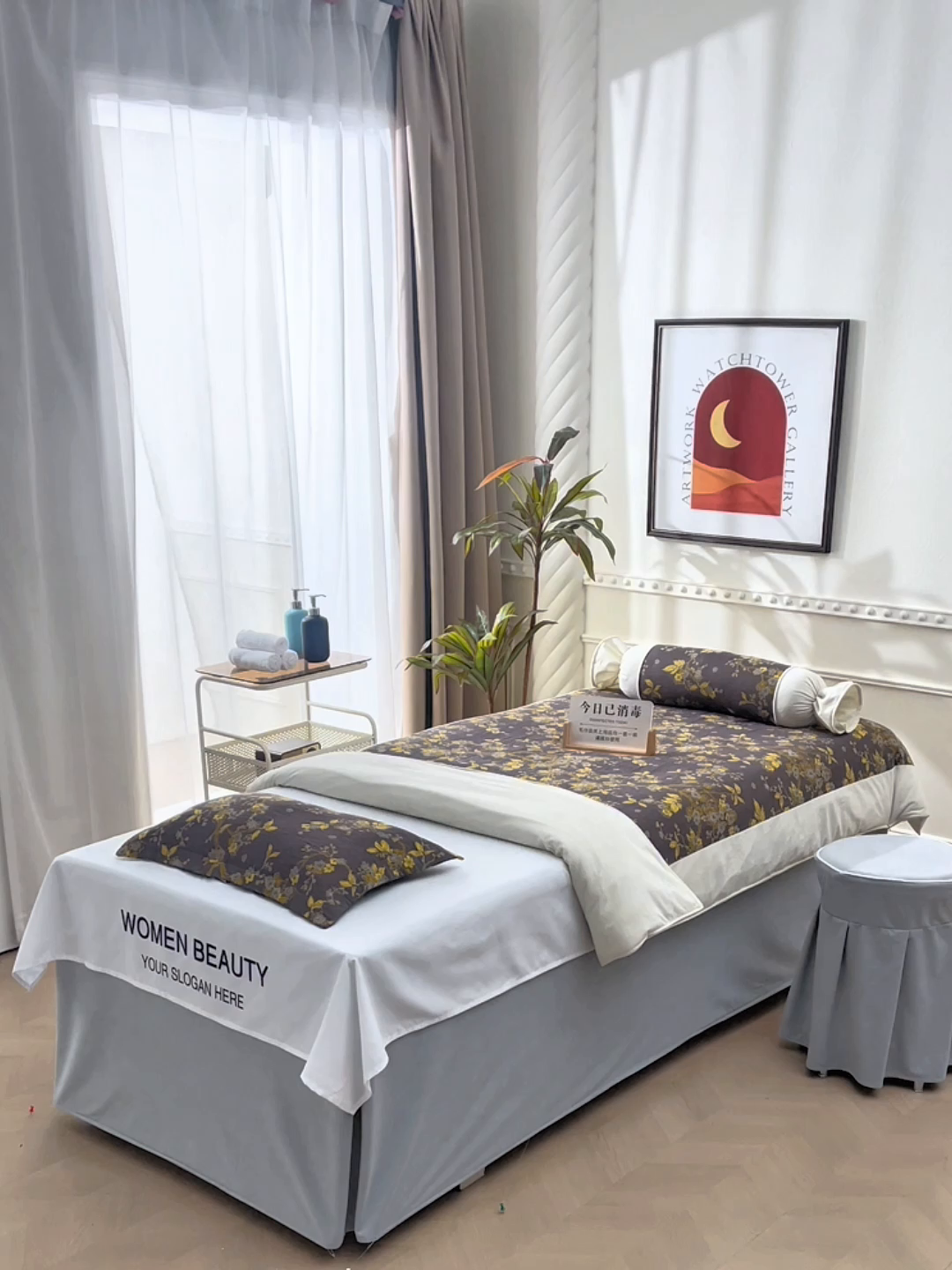 91家纺网 家纺一手货源 找家纺 不打烊家纺 2025新款全棉有氧双层纱羊毛尼美容床罩系列套件-梅花颂 梅花颂-灰色