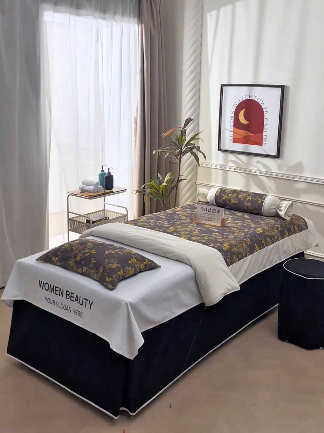 91家纺网 家纺一手货源 找家纺 不打烊家纺 2025新款全棉有氧双层纱羊毛尼美容床罩系列套件-梅花颂 梅花颂-黑色