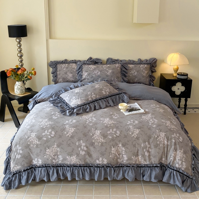 91家纺网 家纺一手货源 找家纺 大麦家纺 2025新款复古风高端提花水洗亚麻原麻四件套 海棠花开