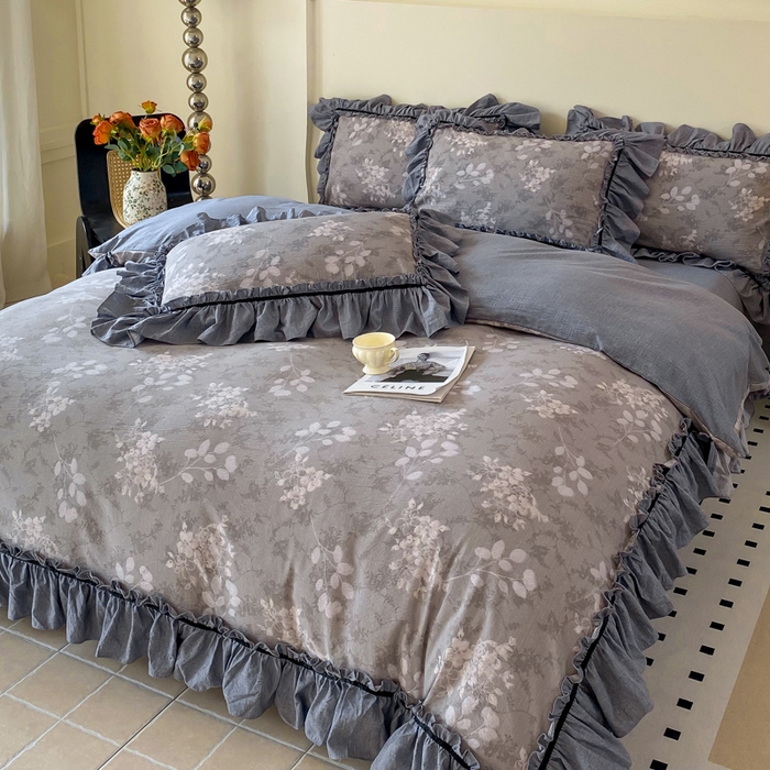 91家纺网 家纺一手货源 找家纺 大麦家纺 2025新款复古风高端提花水洗亚麻原麻四件套 海棠花开