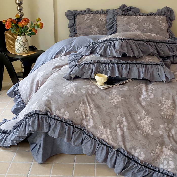 91家纺网 家纺一手货源 找家纺 大麦家纺 2025新款复古风高端提花水洗亚麻原麻四件套 海棠花开