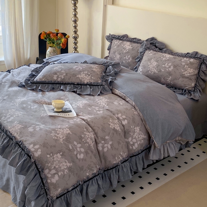 91家纺网 家纺一手货源 找家纺 大麦家纺 2025新款复古风高端提花水洗亚麻原麻四件套 海棠花开