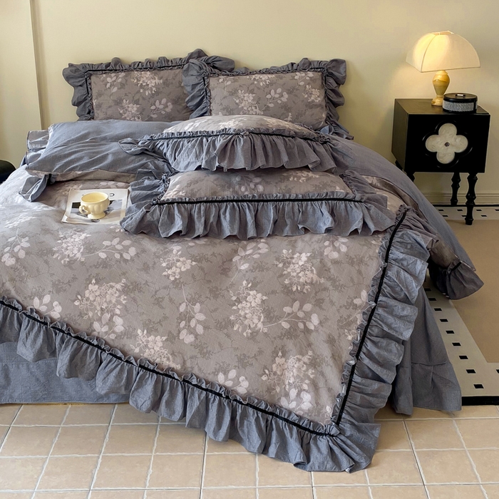 91家纺网 家纺一手货源 找家纺 大麦家纺 2025新款复古风高端提花水洗亚麻原麻四件套 海棠花开