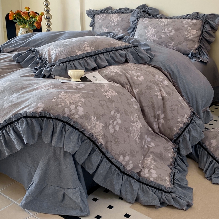 91家纺网 家纺一手货源 找家纺 大麦家纺 2025新款复古风高端提花水洗亚麻原麻四件套 海棠花开