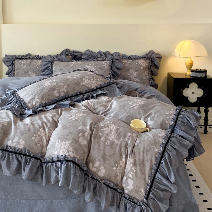 91家纺网 家纺一手货源 找家纺 大麦家纺 2025新款复古风高端提花水洗亚麻原麻四件套 海棠花开