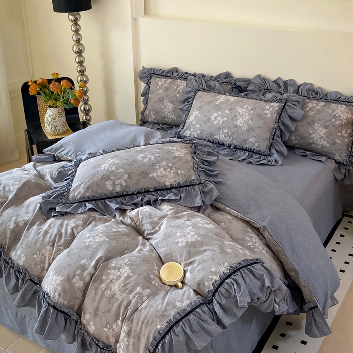 91家纺网 家纺一手货源 找家纺 大麦家纺 2025新款复古风高端提花水洗亚麻原麻四件套 海棠花开