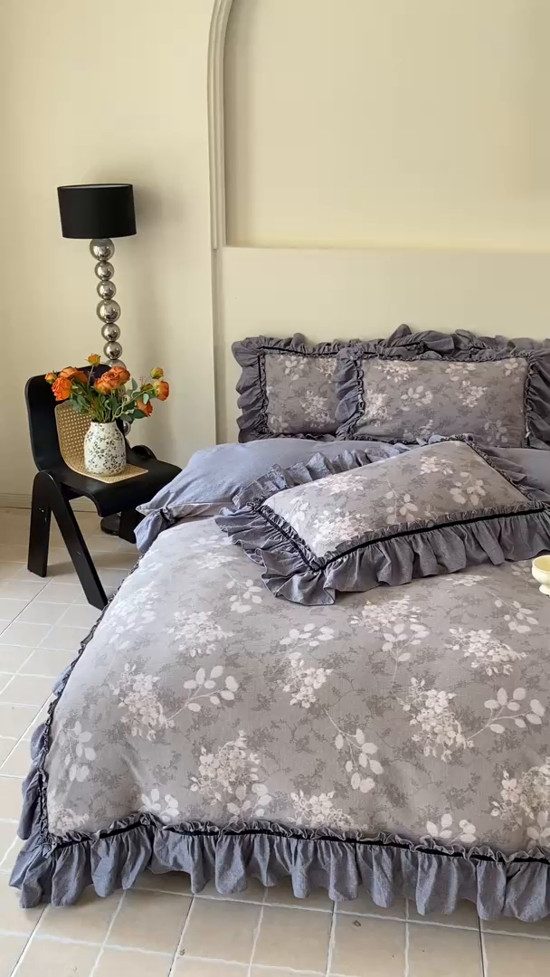 91家纺网 家纺一手货源 找家纺 大麦家纺 2025新款复古风高端提花水洗亚麻原麻四件套 海棠花开