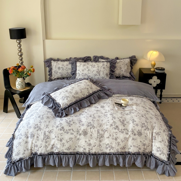 91家纺网 家纺一手货源 找家纺 大麦家纺 2025新款复古风高端提花水洗亚麻原麻四件套 花之舞