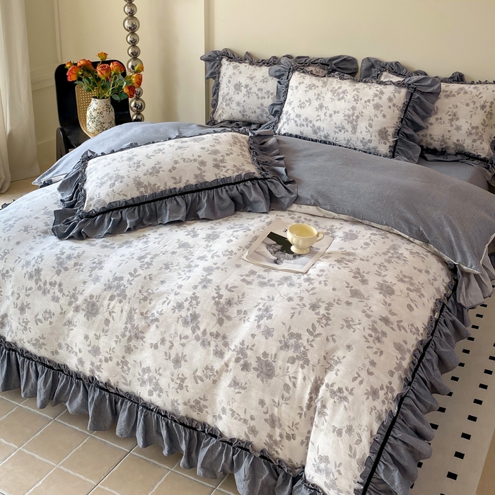 91家纺网 家纺一手货源 找家纺 大麦家纺 2025新款复古风高端提花水洗亚麻原麻四件套 花之舞