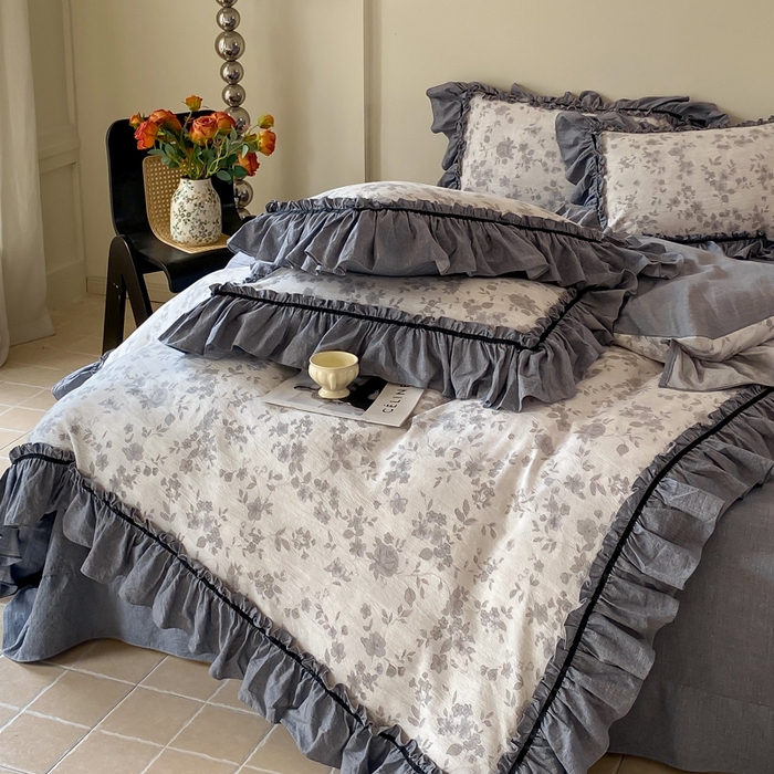 91家纺网 家纺一手货源 找家纺 大麦家纺 2025新款复古风高端提花水洗亚麻原麻四件套 花之舞