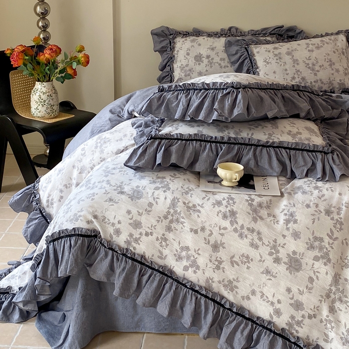 91家纺网 家纺一手货源 找家纺 大麦家纺 2025新款复古风高端提花水洗亚麻原麻四件套 花之舞