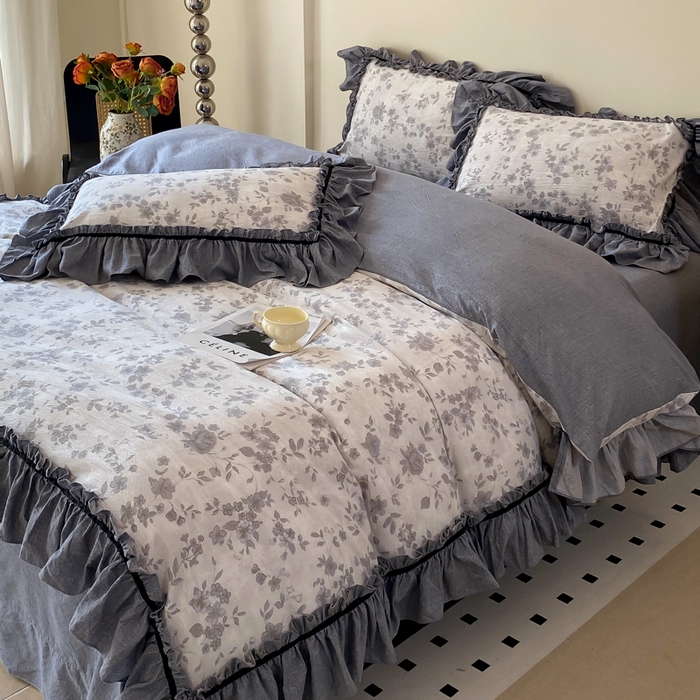 91家纺网 家纺一手货源 找家纺 大麦家纺 2025新款复古风高端提花水洗亚麻原麻四件套 花之舞