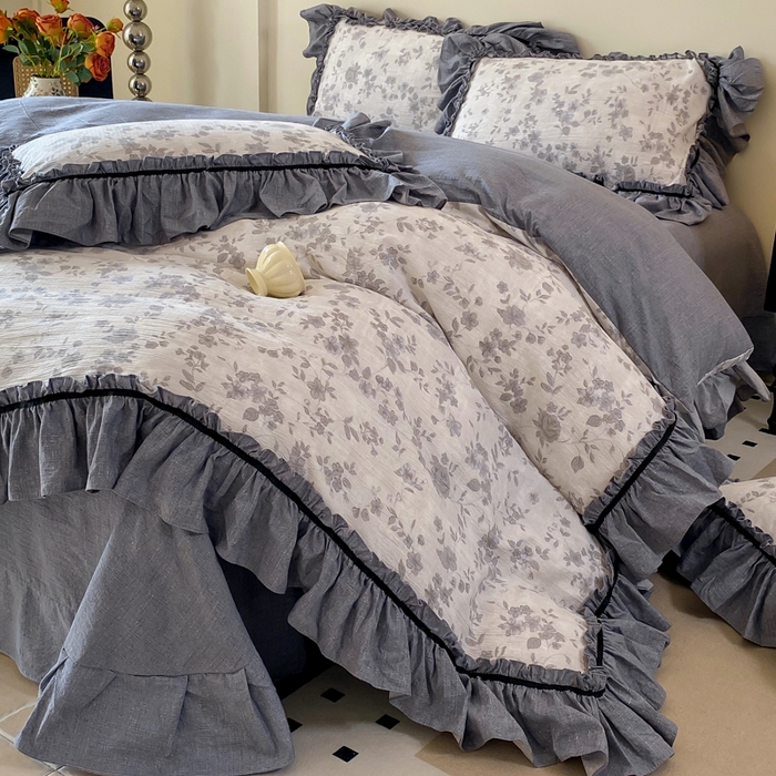 91家纺网 家纺一手货源 找家纺 大麦家纺 2025新款复古风高端提花水洗亚麻原麻四件套 花之舞