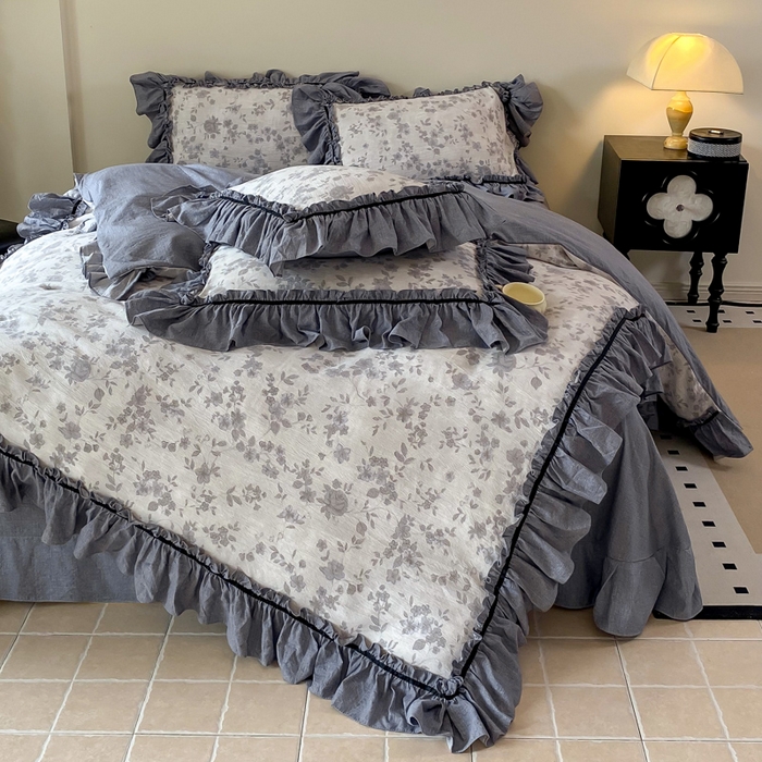 91家纺网 家纺一手货源 找家纺 大麦家纺 2025新款复古风高端提花水洗亚麻原麻四件套 花之舞