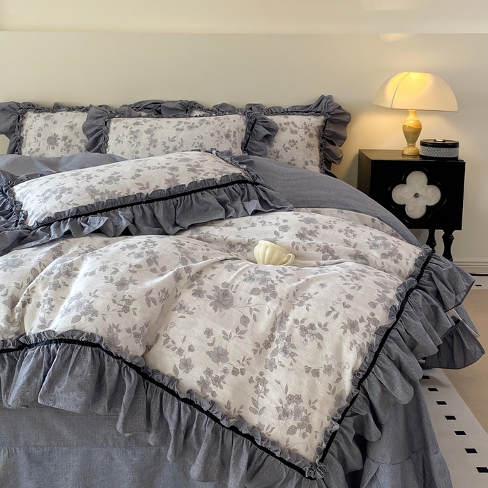 91家纺网 家纺一手货源 找家纺 大麦家纺 2025新款复古风高端提花水洗亚麻原麻四件套 花之舞