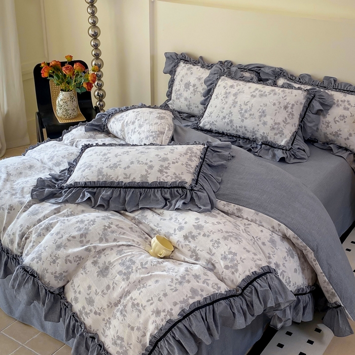 91家纺网 家纺一手货源 找家纺 大麦家纺 2025新款复古风高端提花水洗亚麻原麻四件套 花之舞