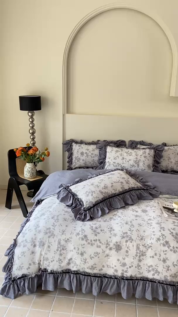 91家纺网 家纺一手货源 找家纺 大麦家纺 2025新款复古风高端提花水洗亚麻原麻四件套 花之舞