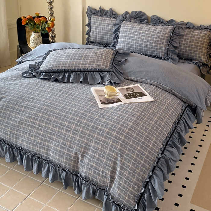 91家纺网 家纺一手货源 找家纺 大麦家纺 2025新款复古风高端提花水洗亚麻原麻四件套 简约线条