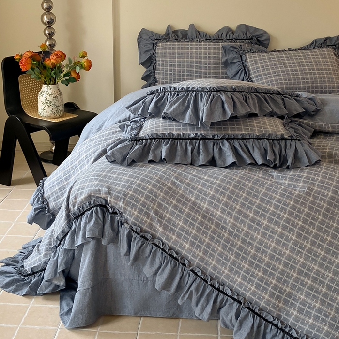 91家纺网 家纺一手货源 找家纺 大麦家纺 2025新款复古风高端提花水洗亚麻原麻四件套 简约线条