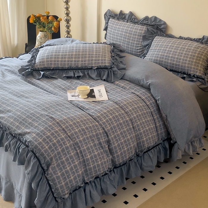 91家纺网 家纺一手货源 找家纺 大麦家纺 2025新款复古风高端提花水洗亚麻原麻四件套 简约线条