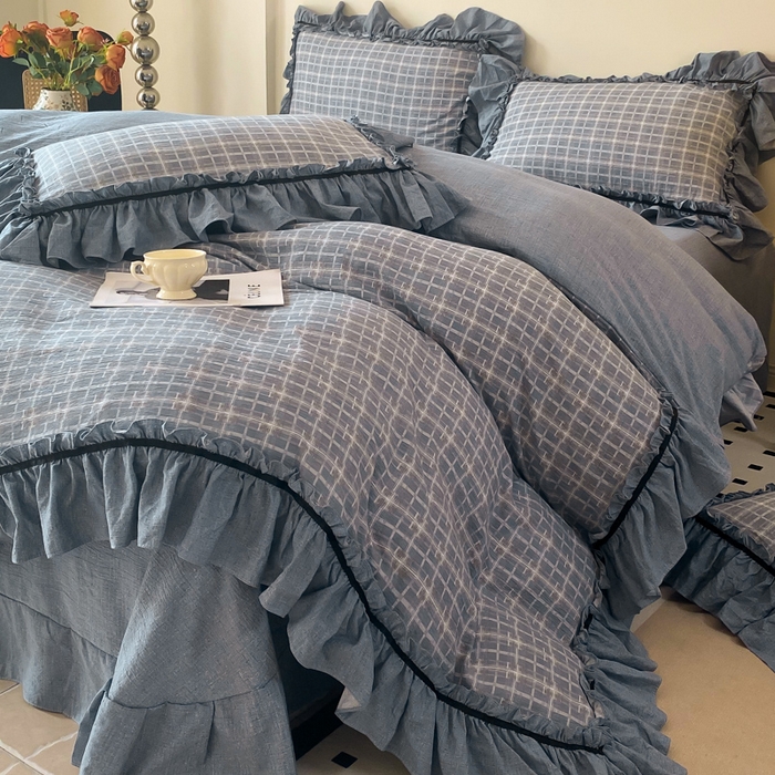 91家纺网 家纺一手货源 找家纺 大麦家纺 2025新款复古风高端提花水洗亚麻原麻四件套 简约线条