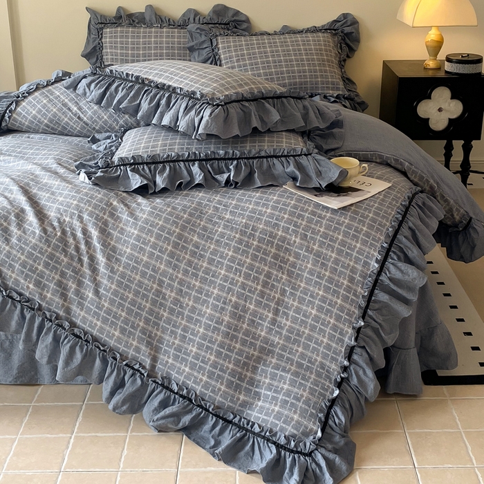 91家纺网 家纺一手货源 找家纺 大麦家纺 2025新款复古风高端提花水洗亚麻原麻四件套 简约线条