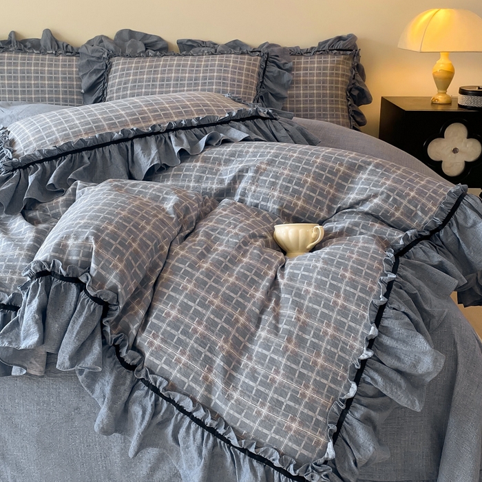 91家纺网 家纺一手货源 找家纺 大麦家纺 2025新款复古风高端提花水洗亚麻原麻四件套 简约线条