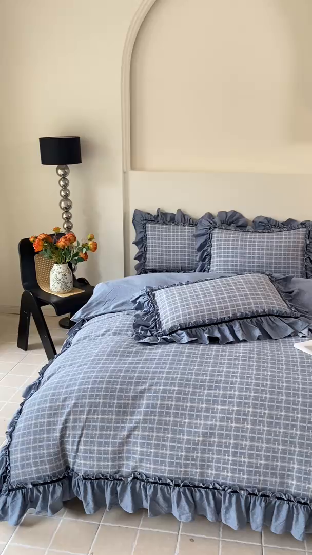 91家纺网 家纺一手货源 找家纺 大麦家纺 2025新款复古风高端提花水洗亚麻原麻四件套 简约线条