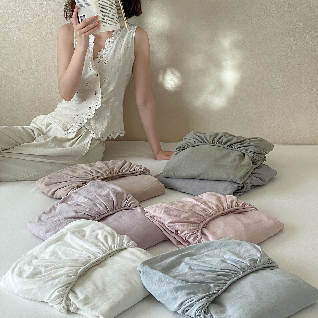 91家纺网 家纺一手货源 找家纺 三味舒屋 2025新款花边美学全棉双层纱单品单床笠 组合图仅供展示