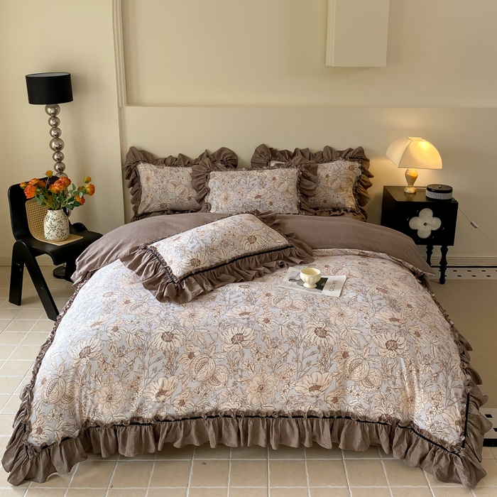 91家纺网 家纺一手货源 找家纺 大麦家纺 2025新款复古风高端提花水洗亚麻原麻四件套 满园花开