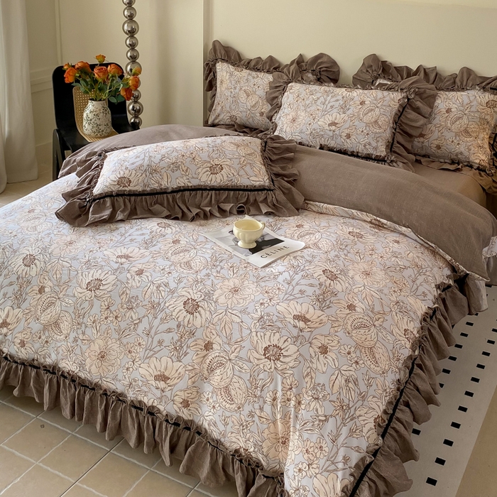 91家纺网 家纺一手货源 找家纺 大麦家纺 2025新款复古风高端提花水洗亚麻原麻四件套 满园花开