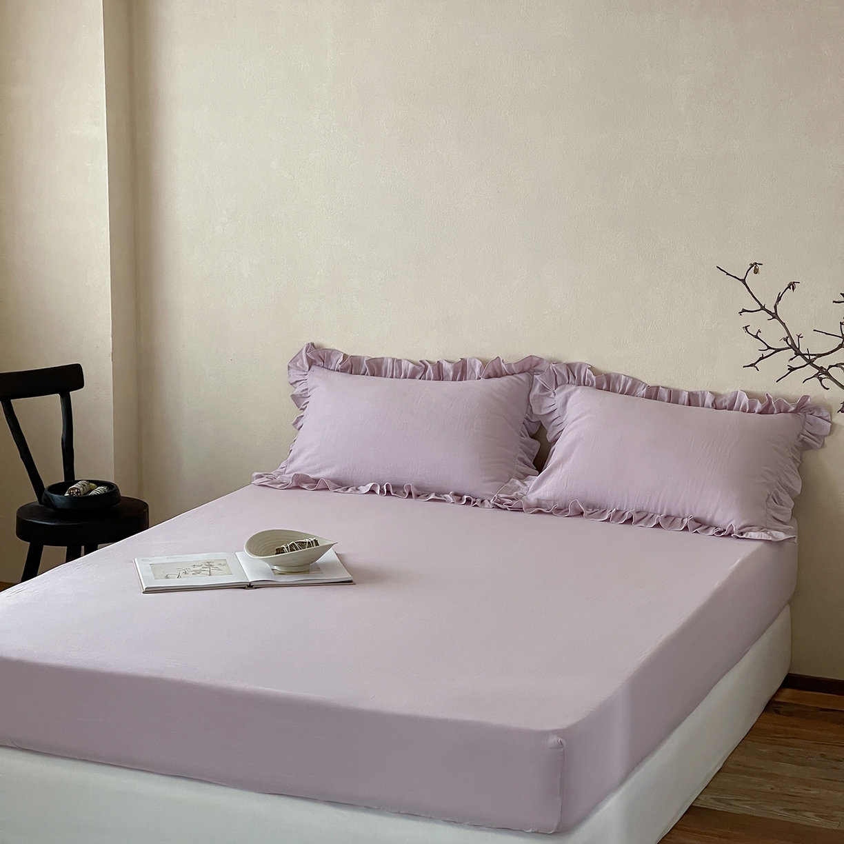 91家纺网 家纺一手货源 找家纺 三味舒屋 2025新款花边美学全棉双层纱单品单床笠 香芋奶昔