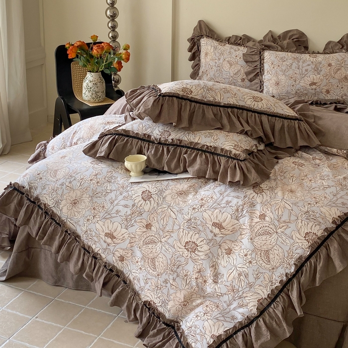 91家纺网 家纺一手货源 找家纺 大麦家纺 2025新款复古风高端提花水洗亚麻原麻四件套 满园花开