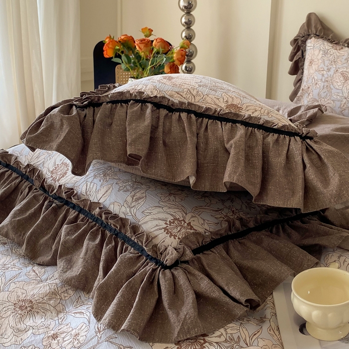 91家纺网 家纺一手货源 找家纺 大麦家纺 2025新款复古风高端提花水洗亚麻原麻四件套 满园花开