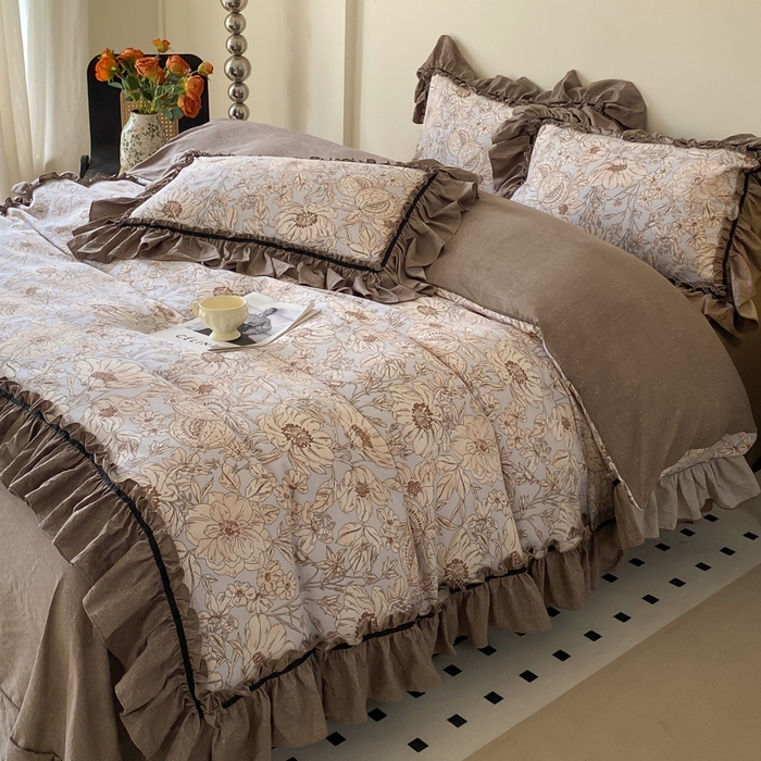 91家纺网 家纺一手货源 找家纺 大麦家纺 2025新款复古风高端提花水洗亚麻原麻四件套 满园花开