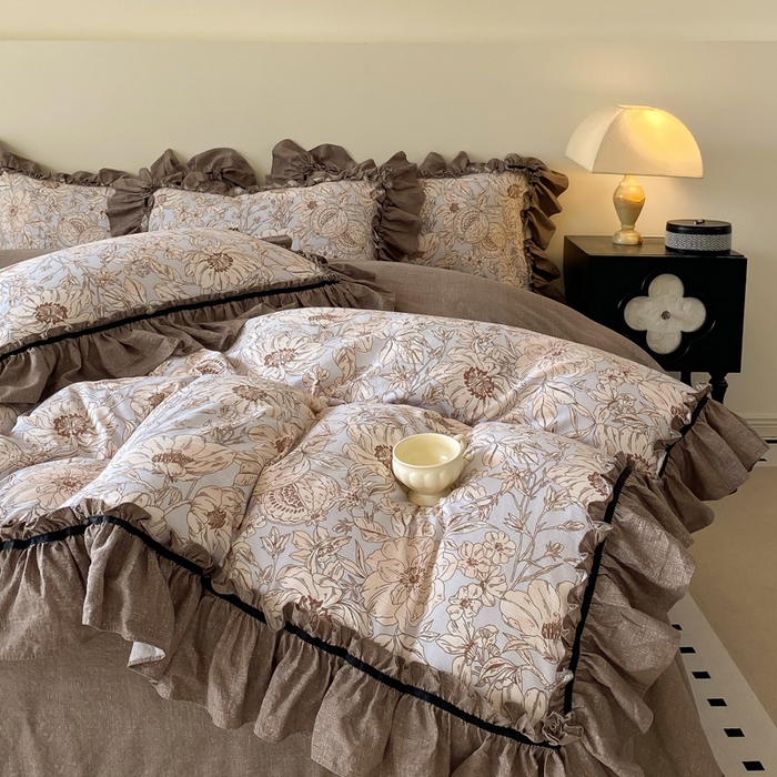 91家纺网 家纺一手货源 找家纺 大麦家纺 2025新款复古风高端提花水洗亚麻原麻四件套 满园花开