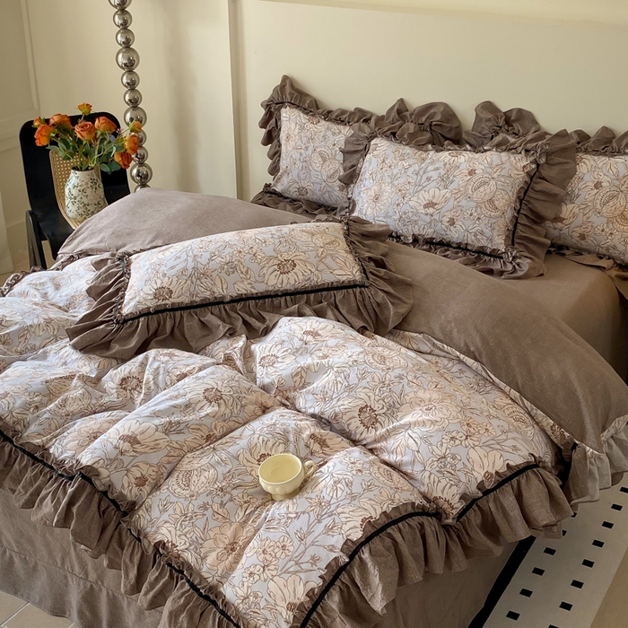 91家纺网 家纺一手货源 找家纺 大麦家纺 2025新款复古风高端提花水洗亚麻原麻四件套 满园花开