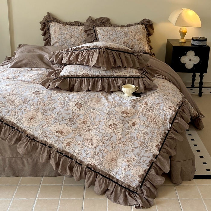 91家纺网 家纺一手货源 找家纺 大麦家纺 2025新款复古风高端提花水洗亚麻原麻四件套 满园花开