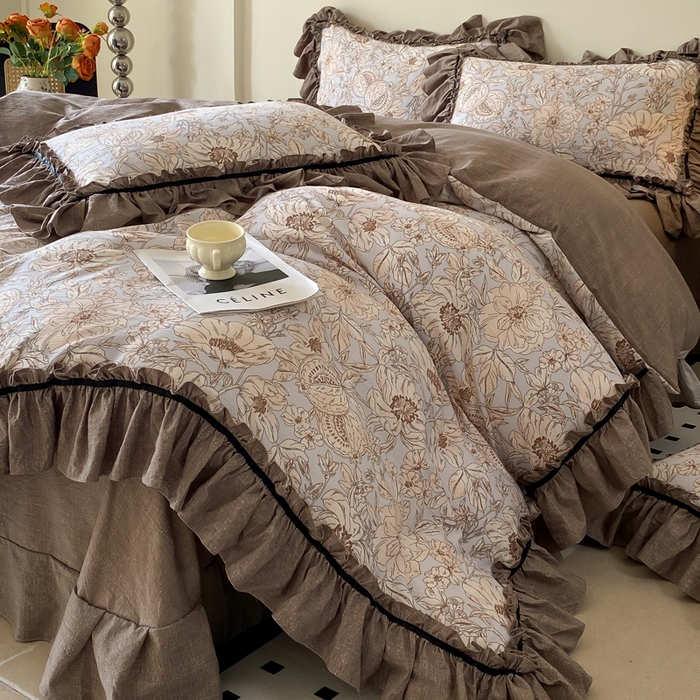 91家纺网 家纺一手货源 找家纺 大麦家纺 2025新款复古风高端提花水洗亚麻原麻四件套 满园花开