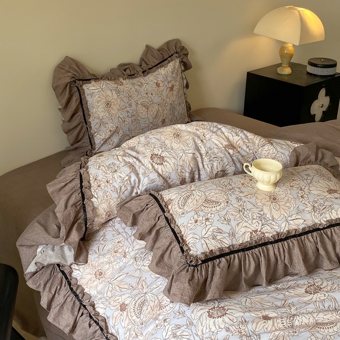 91家纺网 家纺一手货源 找家纺 大麦家纺 2025新款复古风高端提花水洗亚麻原麻四件套 满园花开