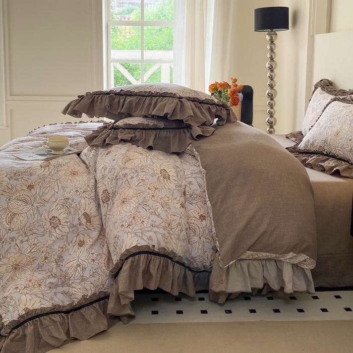 91家纺网 家纺一手货源 找家纺 大麦家纺 2025新款复古风高端提花水洗亚麻原麻四件套 满园花开