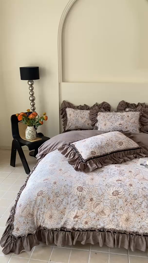 91家纺网 家纺一手货源 找家纺 大麦家纺 2025新款复古风高端提花水洗亚麻原麻四件套 满园花开