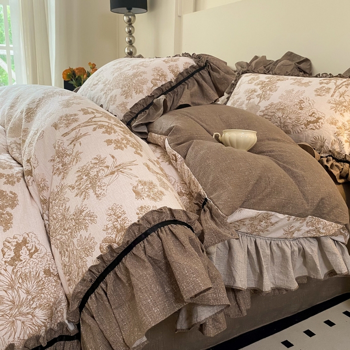 大麦家纺 2025新款复古风高端提花水洗亚麻原麻四件套 陌上花开