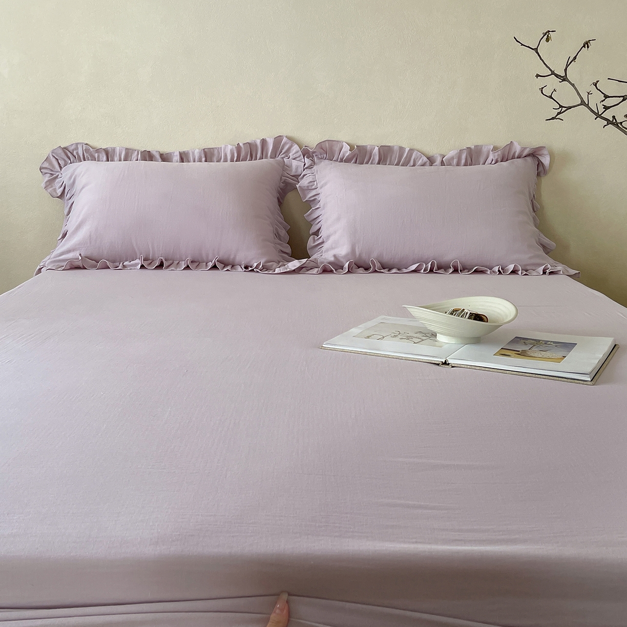 91家纺网 家纺一手货源 找家纺 三味舒屋 2025新款花边美学全棉双层纱单品单床笠 香芋奶昔