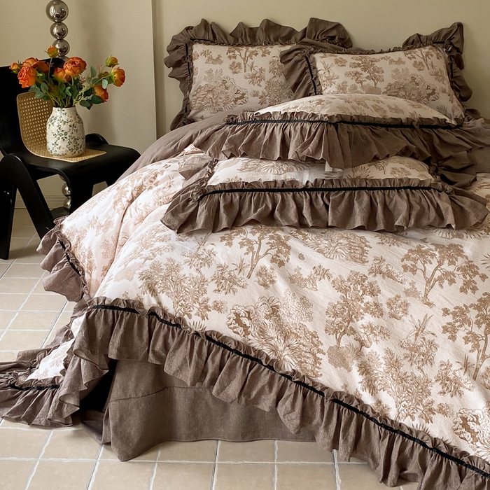 91家纺网 家纺一手货源 找家纺 大麦家纺 2025新款复古风高端提花水洗亚麻原麻四件套 陌上花开