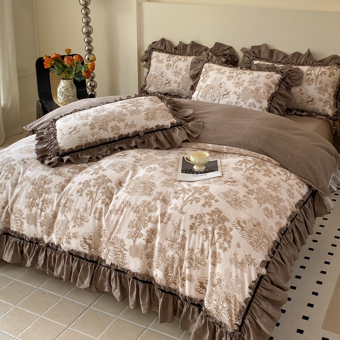 91家纺网 家纺一手货源 找家纺 大麦家纺 2025新款复古风高端提花水洗亚麻原麻四件套 陌上花开