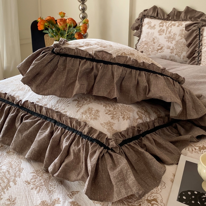 91家纺网 家纺一手货源 找家纺 大麦家纺 2025新款复古风高端提花水洗亚麻原麻四件套 陌上花开