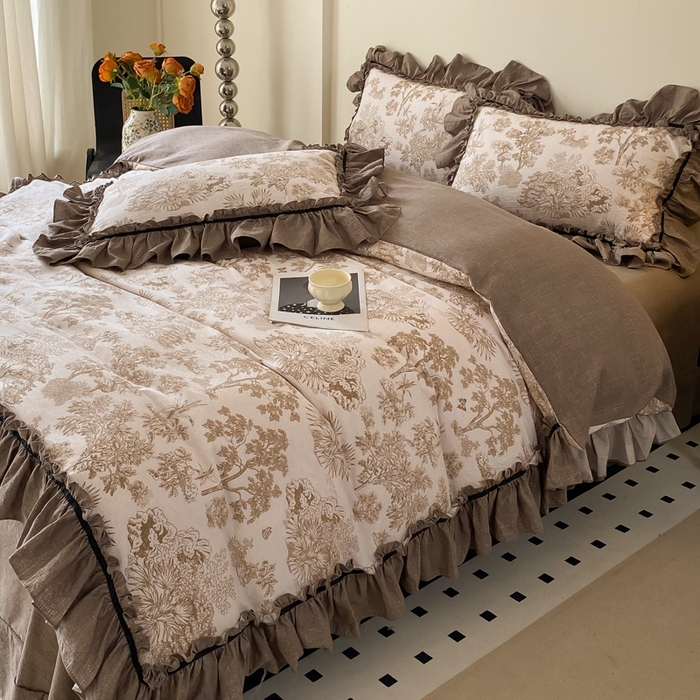 91家纺网 家纺一手货源 找家纺 大麦家纺 2025新款复古风高端提花水洗亚麻原麻四件套 陌上花开