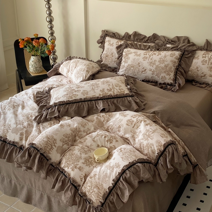 91家纺网 家纺一手货源 找家纺 大麦家纺 2025新款复古风高端提花水洗亚麻原麻四件套 陌上花开