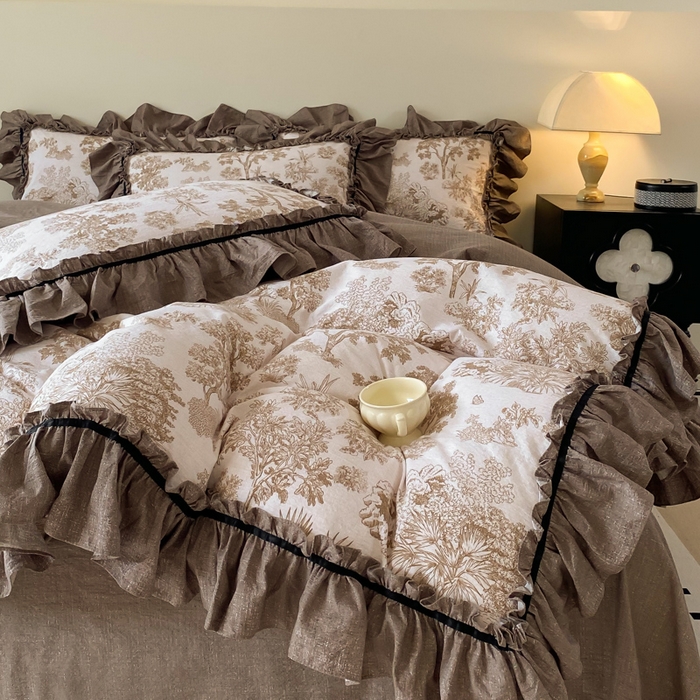 91家纺网 家纺一手货源 找家纺 大麦家纺 2025新款复古风高端提花水洗亚麻原麻四件套 陌上花开